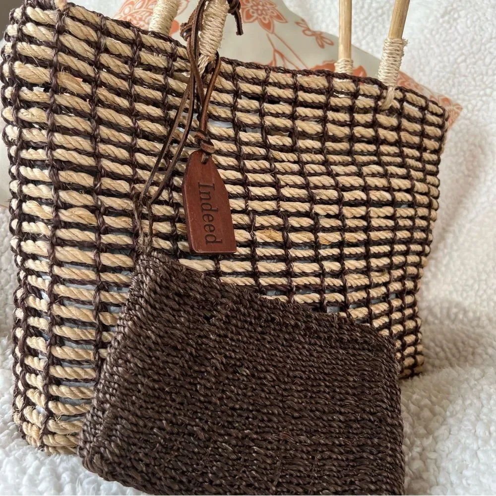 Indeed Straw Rope Bamboo Brown Mushroom Tan Beach Bag Purse Extra Mini Bag